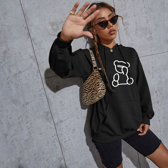 Damen Oversize-Kapuzenpullover mit Teddy-Grafik, Kängurutasche und Tunnelzug Nord Taschen