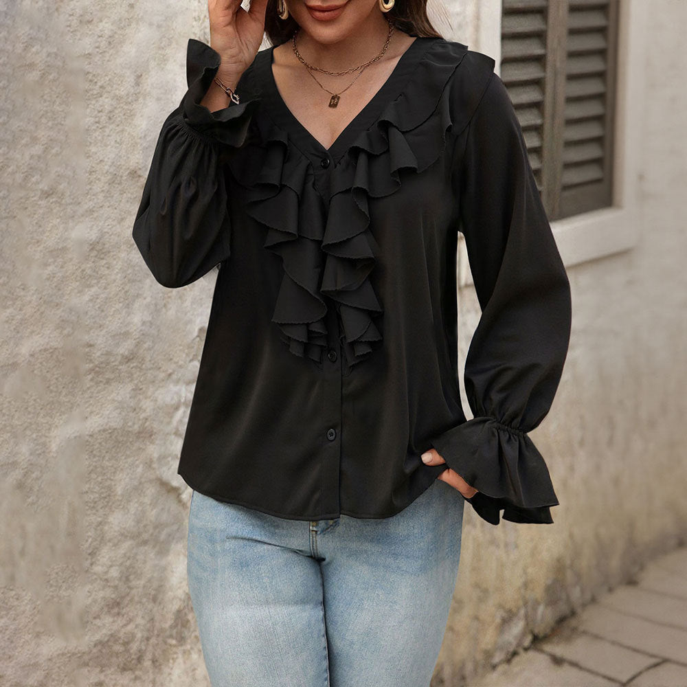 Damen feminine Rüschenbluse mit V-Ausschnitt Volantreihe und Glockenärmeln Nord Taschen