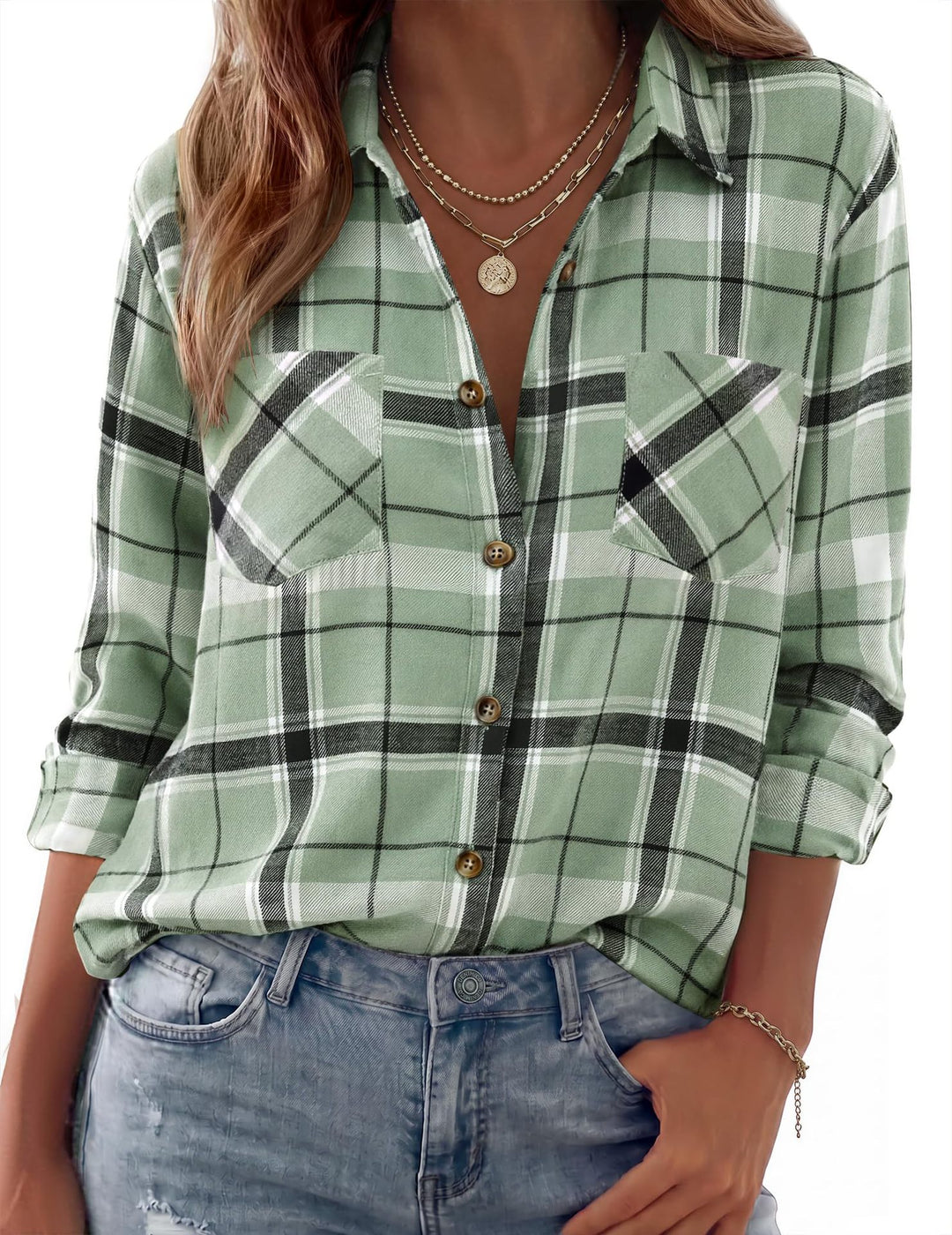 Damen Karierte Oversize-Hemdjacke aus Flanell mit Brusttaschen Nord Taschen