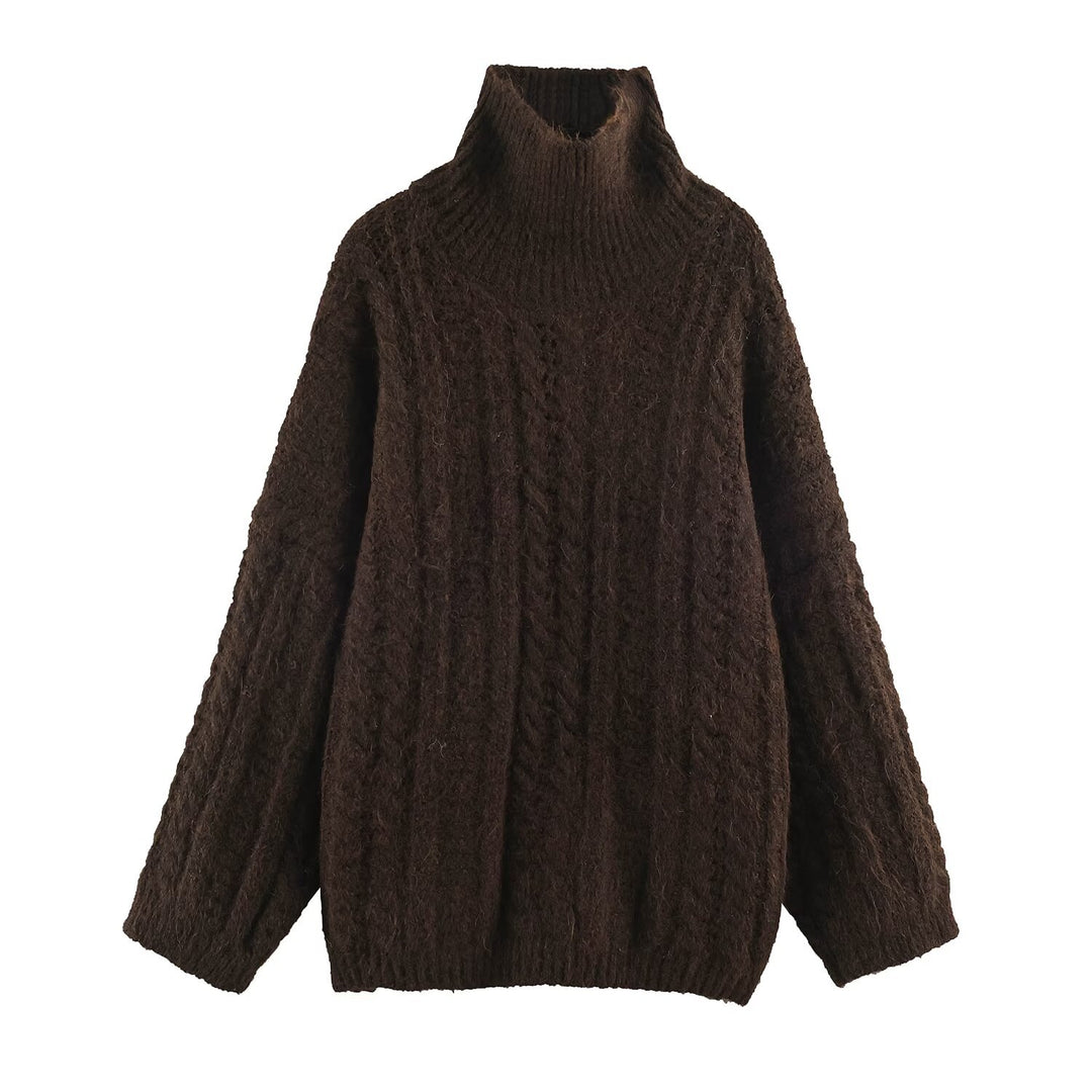 Damen Grobgestrickter Oversize-Pullover mit hohem Rollkragen und Zopfmuster Nord Taschen