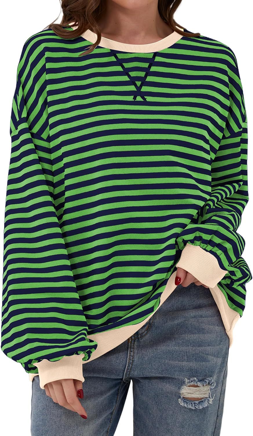 Damen lässiger Oversized Sweatshirt mit bunten Streifen und Kapuzenkordel