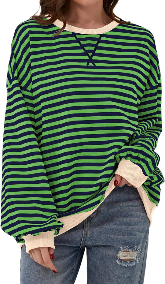 Damen lässiger Oversized Sweatshirt mit bunten Streifen und Kapuzenkordel