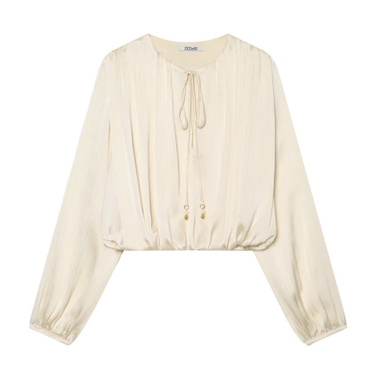 Damen Cropped Plissee-Bluse mit Kordelverschluss und Ballonärmeln Nord Taschen