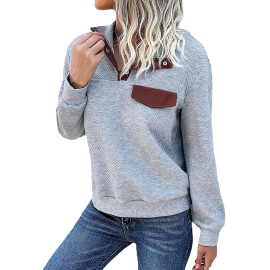 Damen Texturierter Stehkragen-Sweatshirt mit Druckknopf-Leiste und Zierpatte Nord Taschen