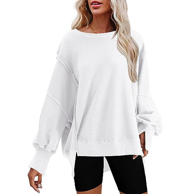Damen Oversized Sweatshirt mit Ballonärmeln, seitlichen Schlitzen und offenen Kanten Nord Taschen