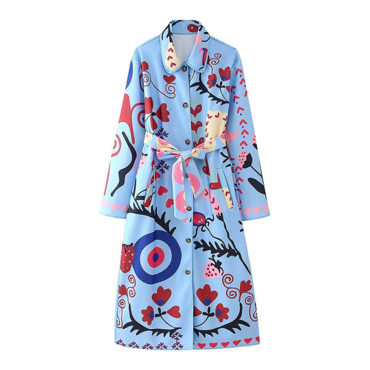 Damen Bedruckter Maxi‑Hemdmantel mit Taillengürtel Nord Taschen