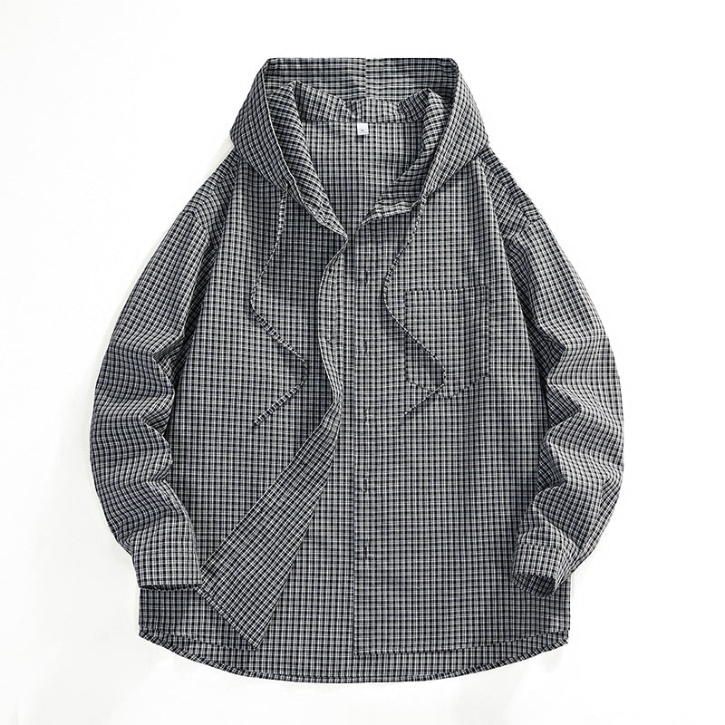 Herren Oversized Karo‑Überhemd mit Kapuze, Tunnelzug & verdeckter Knopfleiste Nord Taschen