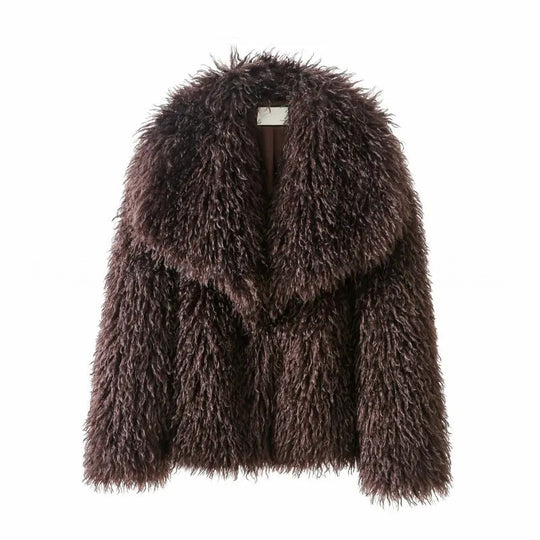 Damen Kurzjacke aus langflorigem Kunstpelz mit voluminösem Schalkragen Nord Taschen