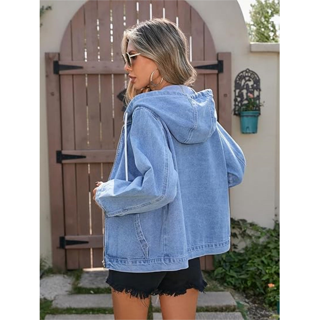 Damen Oversize Jeanskapuzenjacke mit Reißverschluss und aufgesetzten Taschen Nord Taschen