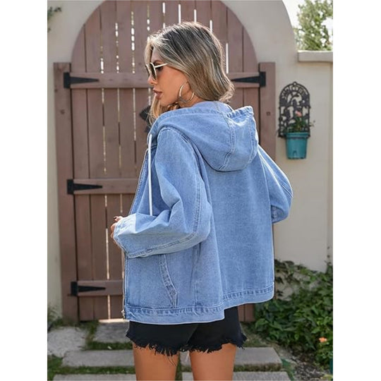 Damen Oversize Jeanskapuzenjacke mit Reißverschluss und aufgesetzten Taschen Nord Taschen