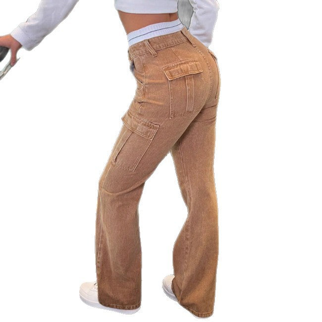 Damen Hochtaillierte Cord-Cargo-Palazzohose mit weitem Bein und Klappentaschen Nord Taschen
