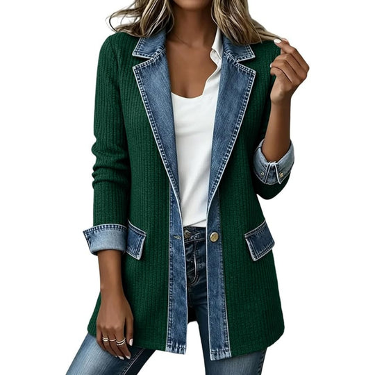 Damen Strickblazer mit Jeansbesatz und Reverskragen Nord Taschen