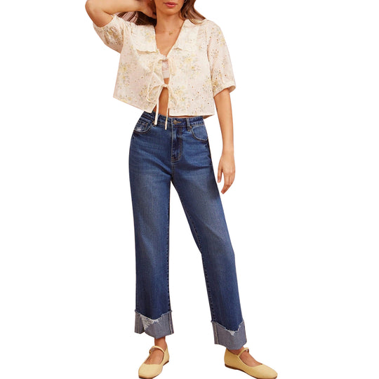Damen Hochtaillierte Cropped-Jeans mit weitem Bein und ausgefranstem Umschlag Nord Taschen