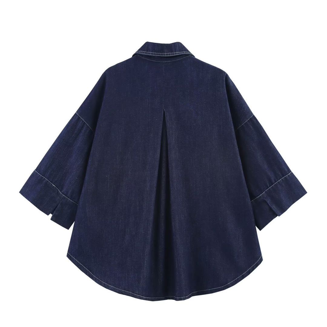 Damen Oversized Denim‑Hemdenjacke mit dreiviertel Ärmeln und High‑Low‑Saum Nord Taschen