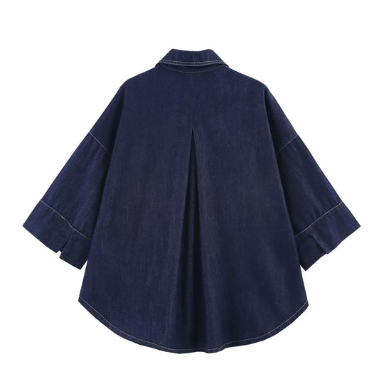 Damen Oversized Denim‑Hemdenjacke mit dreiviertel Ärmeln und High‑Low‑Saum Nord Taschen