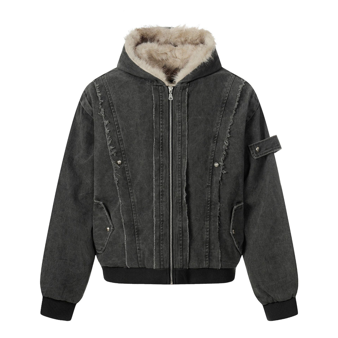 Herren Vintage-inspirierte Denim-Bomberjacke mit Teddyfell-Kapuze Nord Taschen