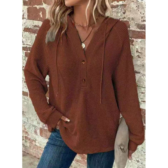Damen Waffelstrick-Hoodie mit Henley-Knopfleiste und Oversize-Schnitt Nord Taschen