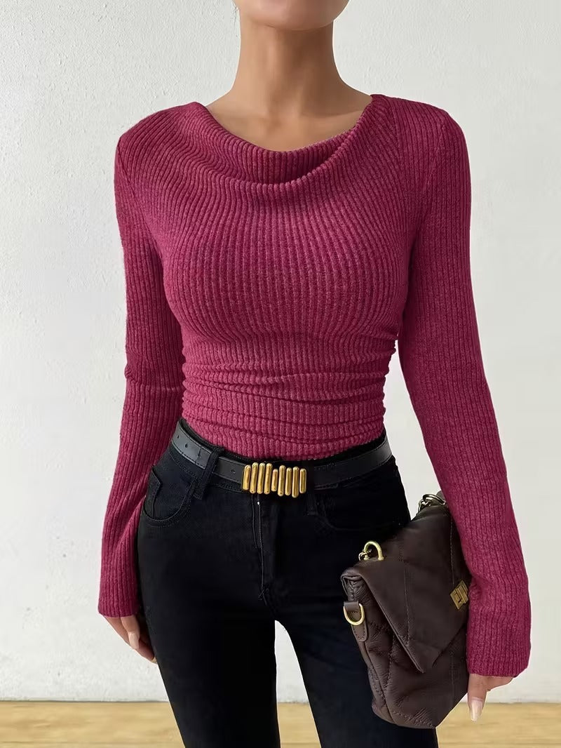 Damen Gerippter Taillierter Feinstrickpullover mit Raffung Nord Taschen