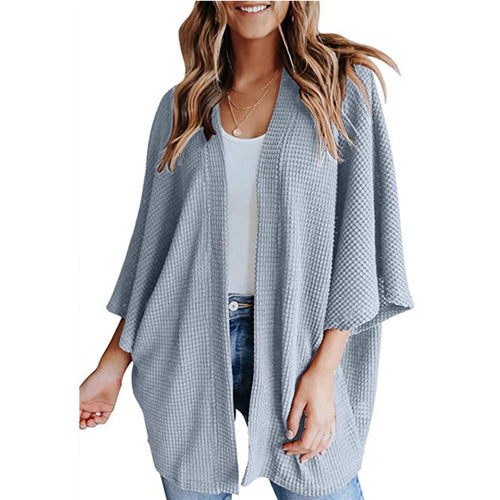 Damen Waffelstrick Offener Kimono-Cardigan mit Fledermausärmeln Nord Taschen