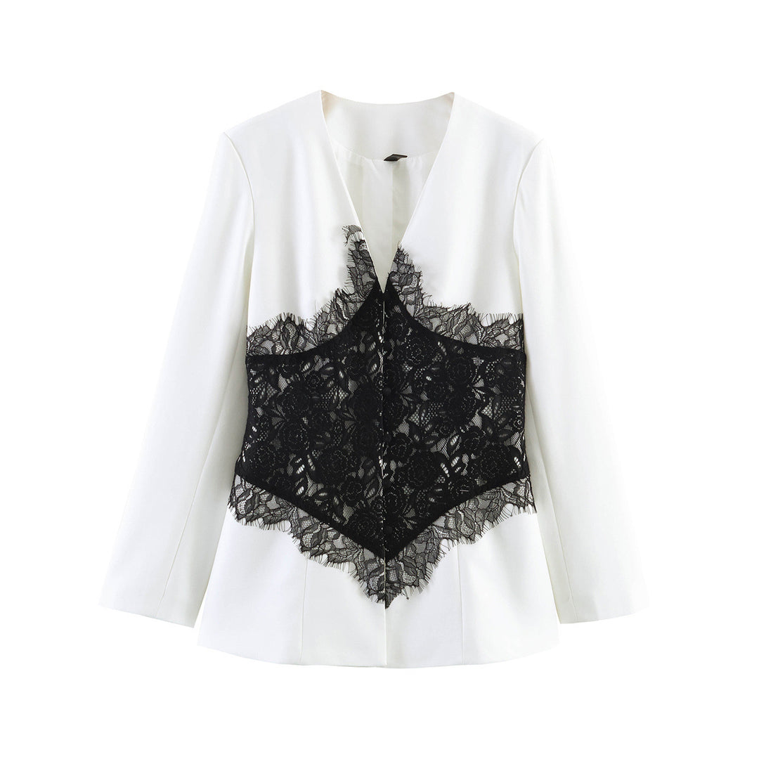 Damen Taillierter Blazer mit V-Ausschnitt und kontrastierender Spitze Nord Taschen