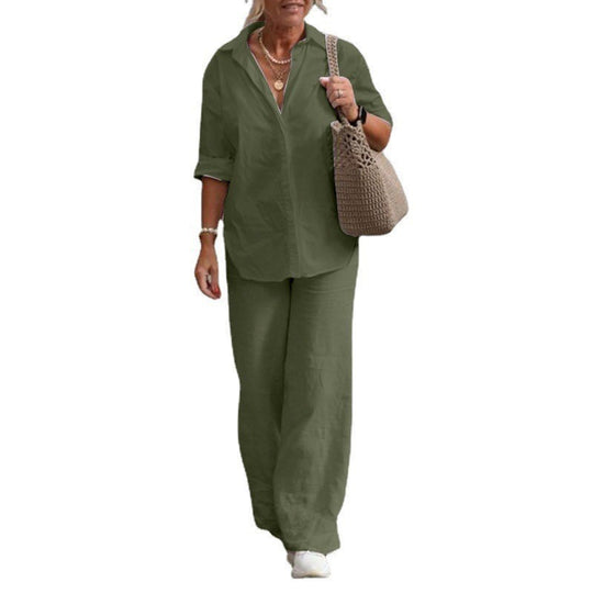 Damen Leichtes Leinen-Loungewear-Set mit offenem Hemdkragen und weiter Palazzohose Nord Taschen