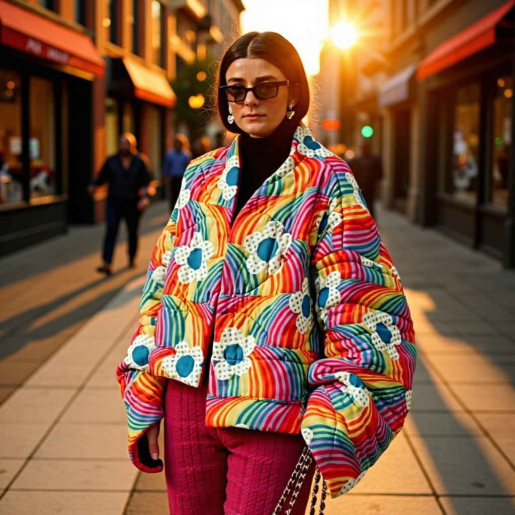 Damen Kurze Oversize-Steppjacke mit bunten Regenbogenstreifen und Blumenapplikation Nord Taschen