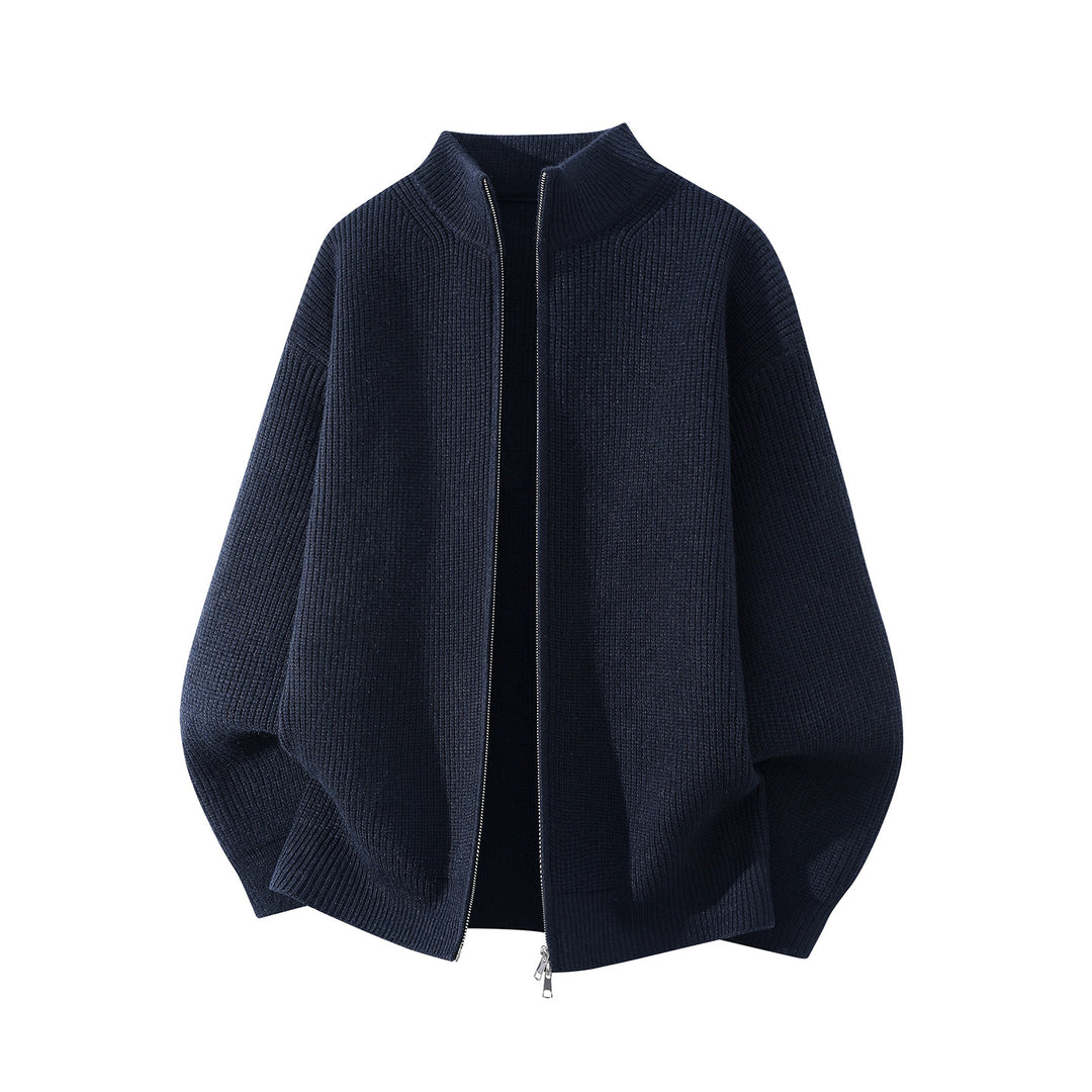 Herren Oversize Grobstrick-Zipcardigan mit Stehkragen und Zwei-Wege-Reißverschluss Nord Taschen