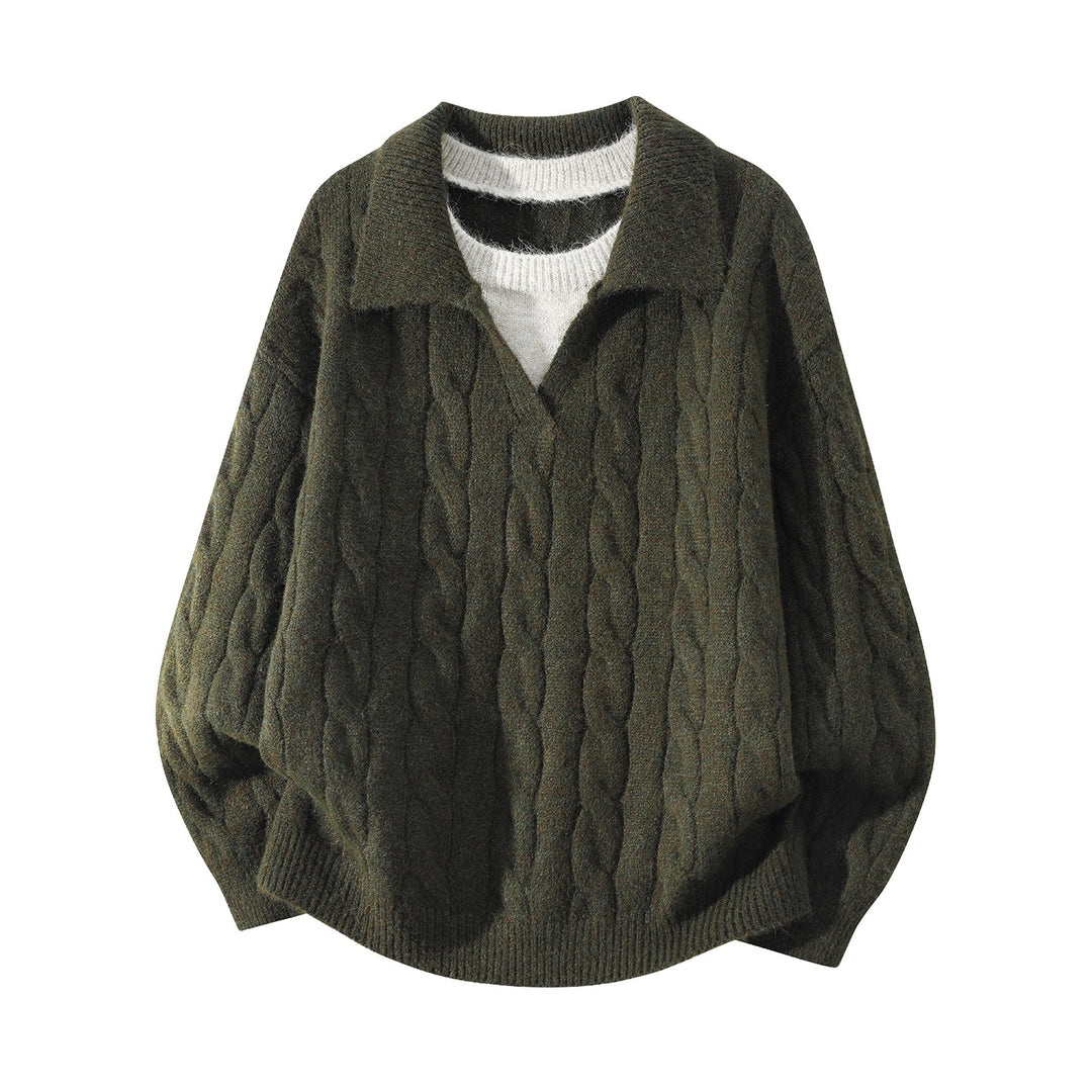 Damen Oversize Zopfmuster-Pullover mit offenem Polokragen & Layer‑Look Nord Taschen