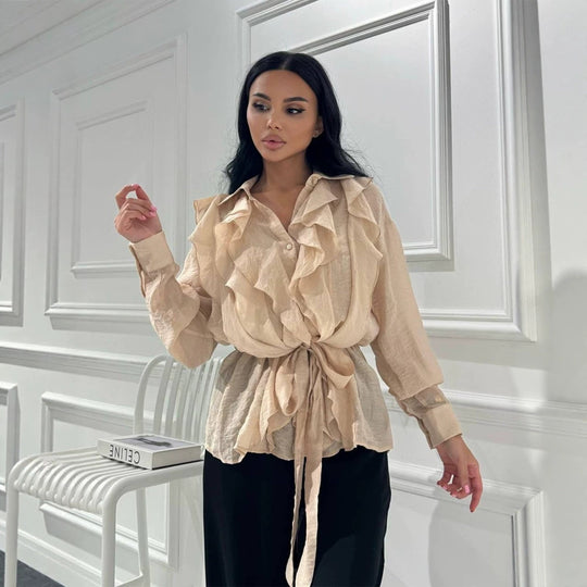 Damen Rüschige Chiffon‑Bluse mit Bindegürtel und Volants Nord Taschen
