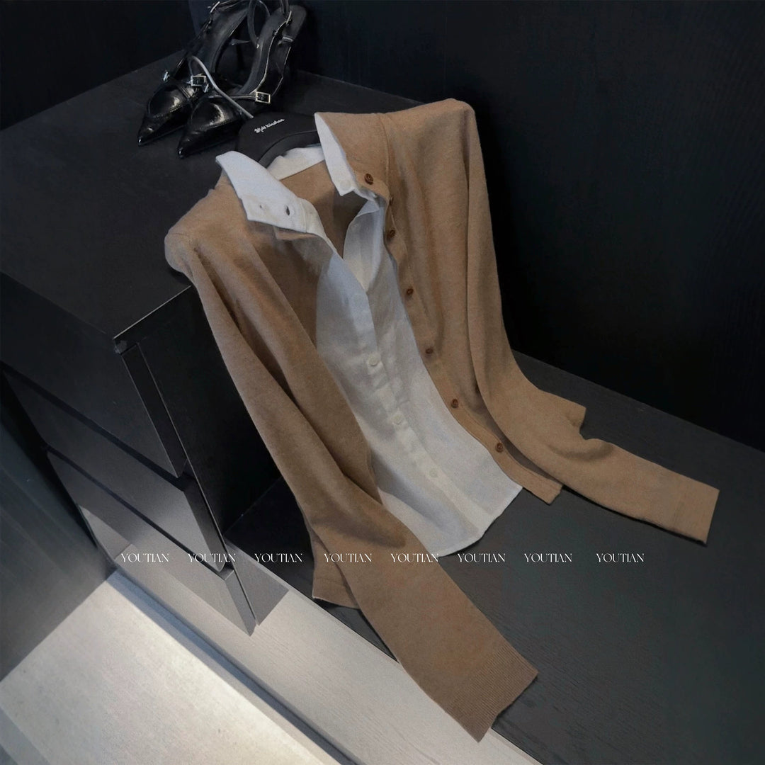 Damen Langer Feiner Strickcardigan mit Stehkragen und Knopfleiste Nord Taschen