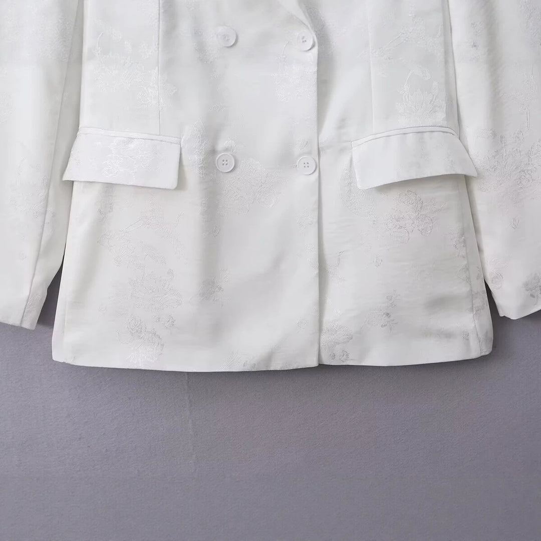Damen Doppelreihiger Blazer mit floralem Jacquard und Schalkragen Nord Taschen