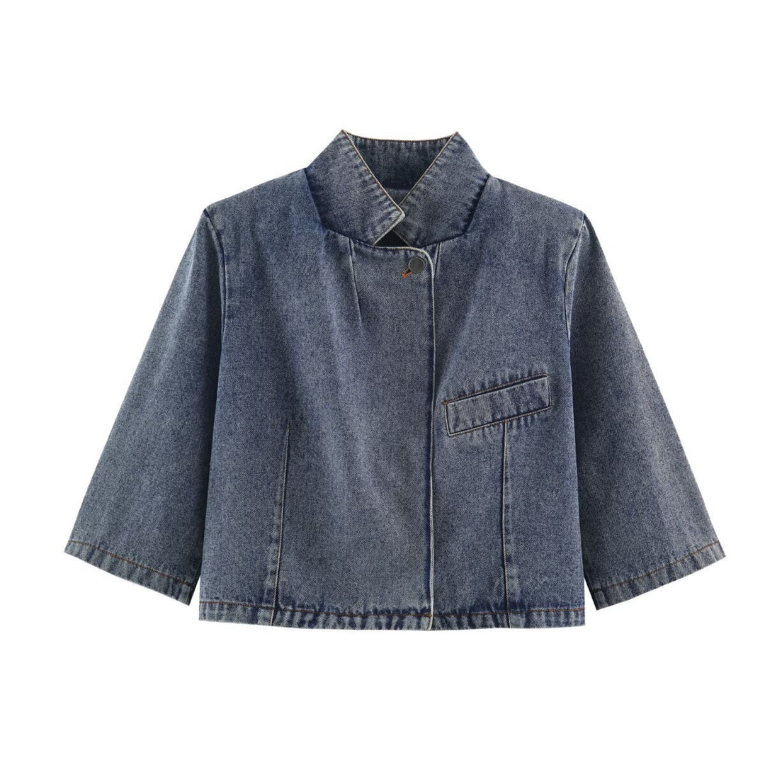 Damen Verkürzte Jeansjacke im Boxy‑Schnitt mit Stehkragen und dreiviertelärmeln Nord Taschen