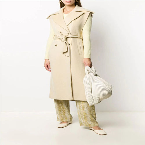 Damen Ärmelloses tailliertes Wollmix-Gilet mit breitem Schalkragen und Bindegürtel Nord Taschen