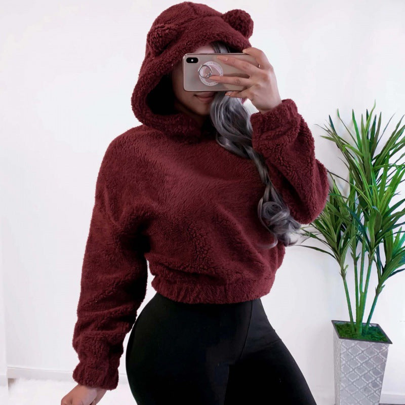 Damen Kurzer Kapuzen‑Sherpa‑Pullover mit Kängurutasche und elastischem Saum Nord Taschen