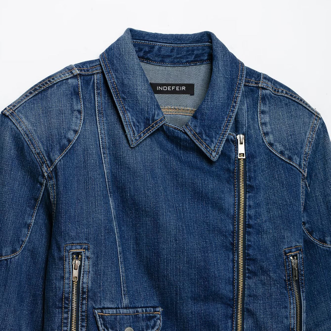 Damen Kurze Denim-Bikerjacke mit Gürtel und asymmetrischem Reißverschluss Nord Taschen
