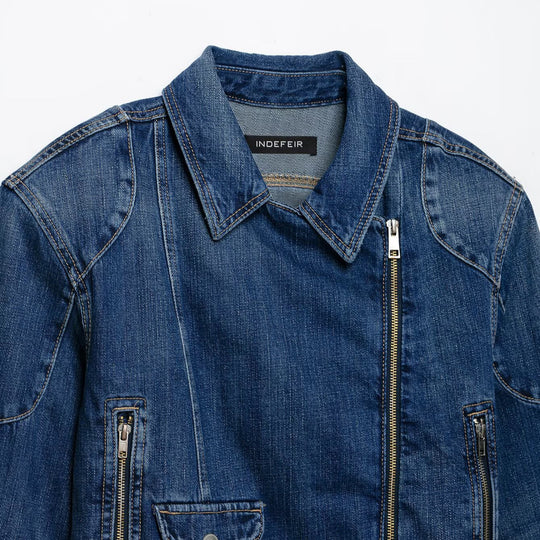 Damen Kurze Denim-Bikerjacke mit Gürtel und asymmetrischem Reißverschluss Nord Taschen