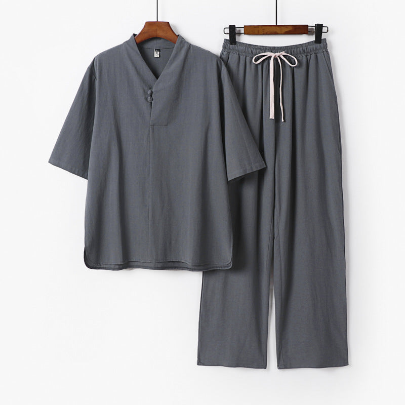 Herren Zweiteiliges Leichtes Loungewear-Set mit Stehkragen-Halbarmshirt und Kordelbund-Hose Nord Taschen