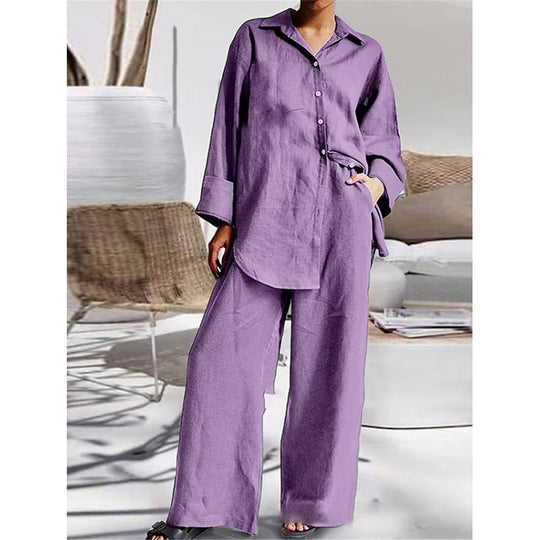 Damen Leinen-Lounge-Set mit weitem Hemd und Palazzo-Hose Nord Taschen
