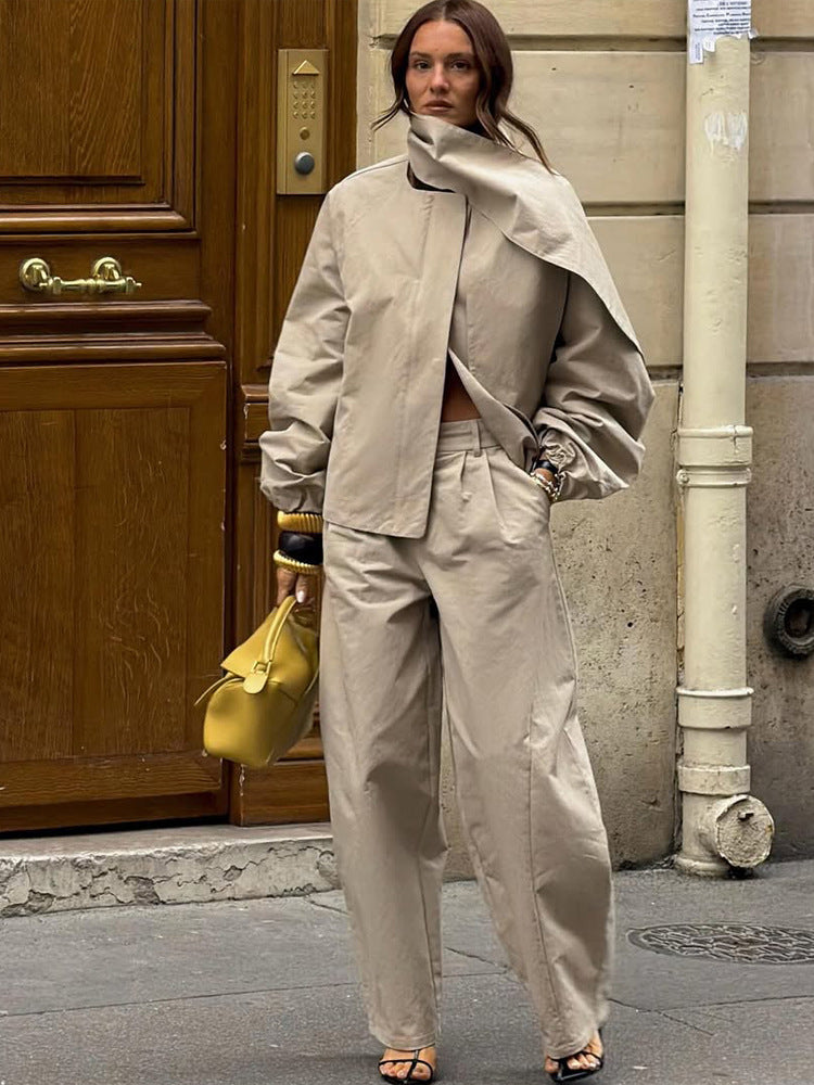 Damen Zweiteiliges Oversize-Hosenanzug-Set mit asymmetrischem Stehkragen Nord Taschen
