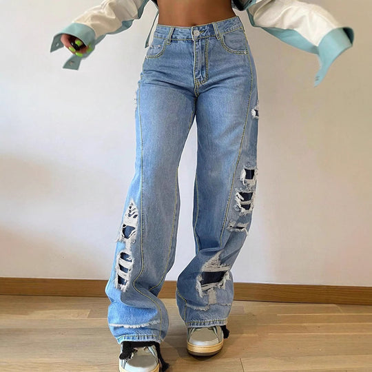 Damen weite Destroyed-Jeans mit seitlichen Cutouts und kontrastierten Unterlagen Nord Taschen