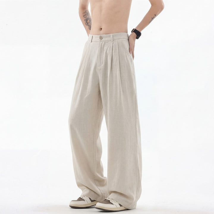 Herren weite Leinenhose mit hoher Bundfalte und lässigem Schnitt Nord Taschen