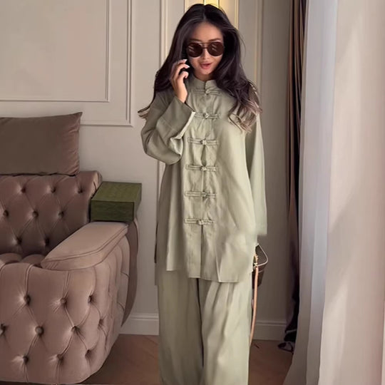 Damen Zweiteiliges Oversize Lounge‑Set mit Stehkragen und dekorativen Knotenverschlüssen Nord Taschen