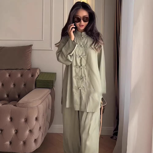 Damen Zweiteiliges Oversize Lounge‑Set mit Stehkragen und dekorativen Knotenverschlüssen Nord Taschen