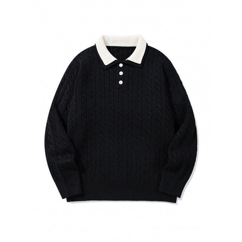 Herren Grobgestrickter Polokragen-Pullover mit Zopfmuster und Knopfleiste Nord Taschen