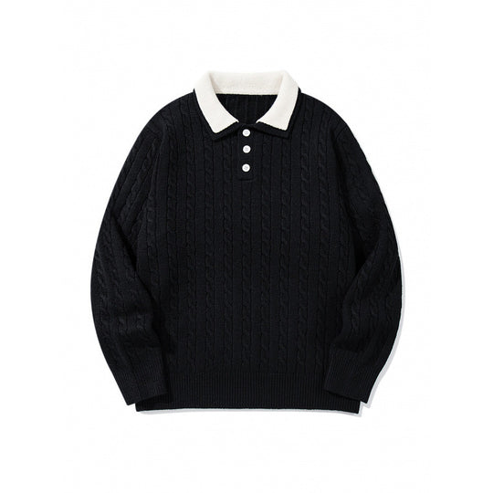 Herren Grobgestrickter Polokragen-Pullover mit Zopfmuster und Knopfleiste Nord Taschen