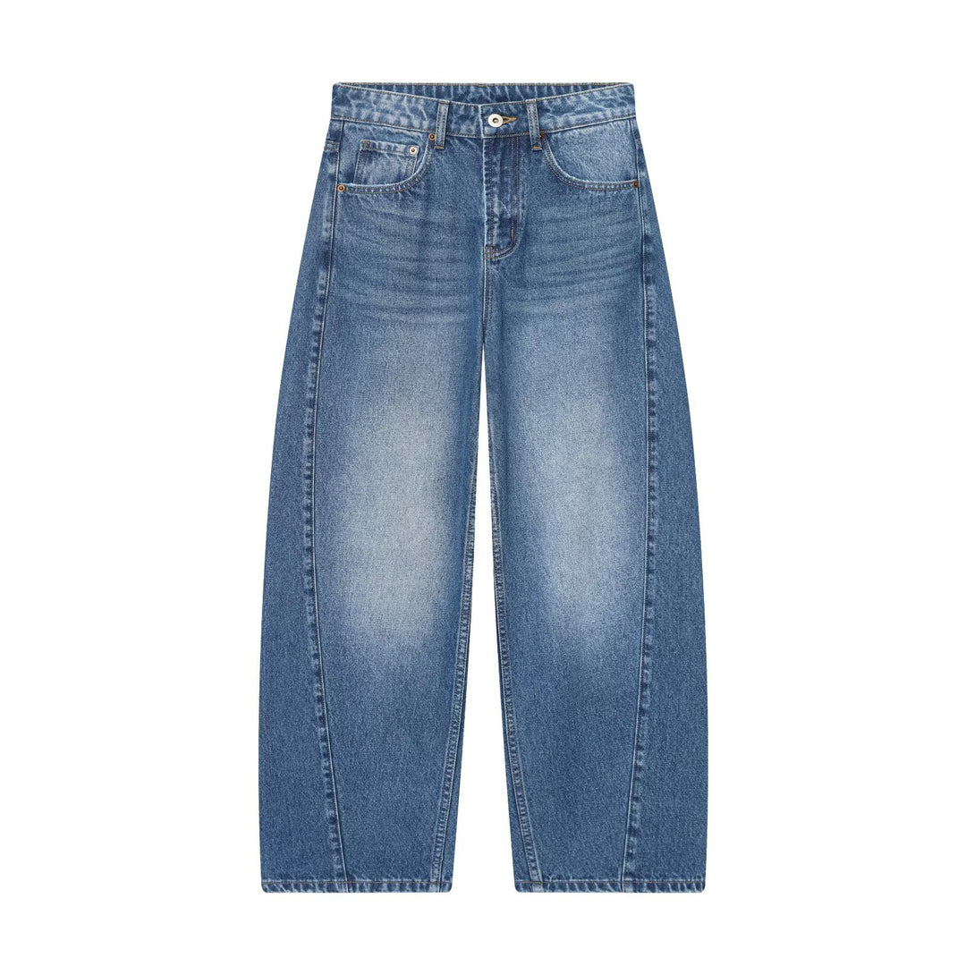Damen Kurzgeschnittene weitgeschnittene Jeanshose mit hoher Taille und Vorderteil‑Teilungsnähten Nord Taschen