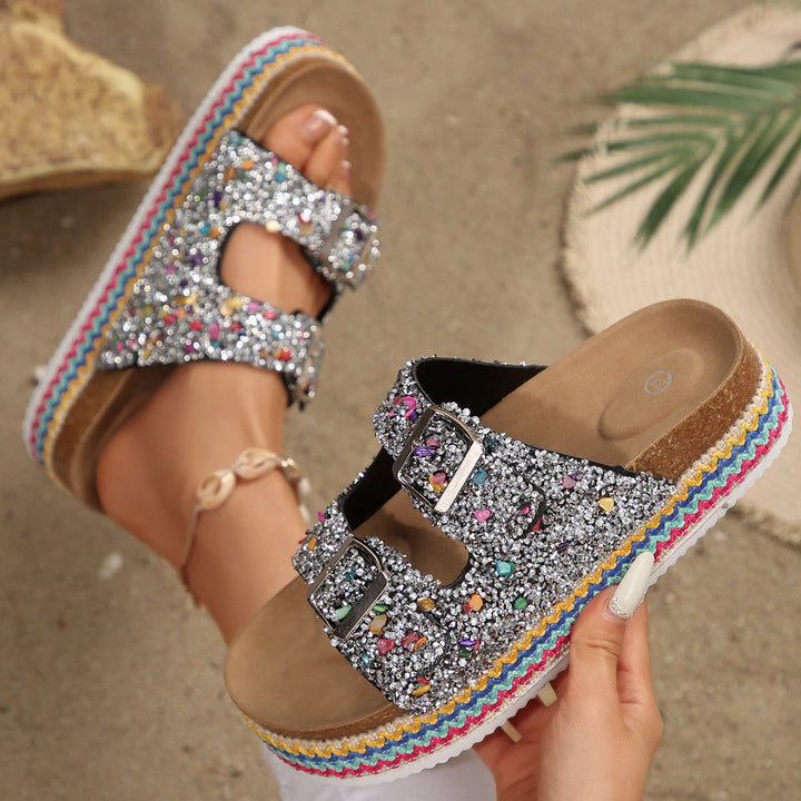 Damen Glitzernde Plateau-Sandalen mit Doppelschnalle und mehrfarbigem Boden