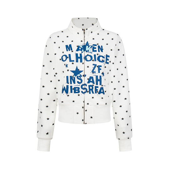 Damen Kurze Reißverschluss-Sweatjacke mit Stehkragen, Allover-Sternprint und Statement-Frontprint Nord Taschen