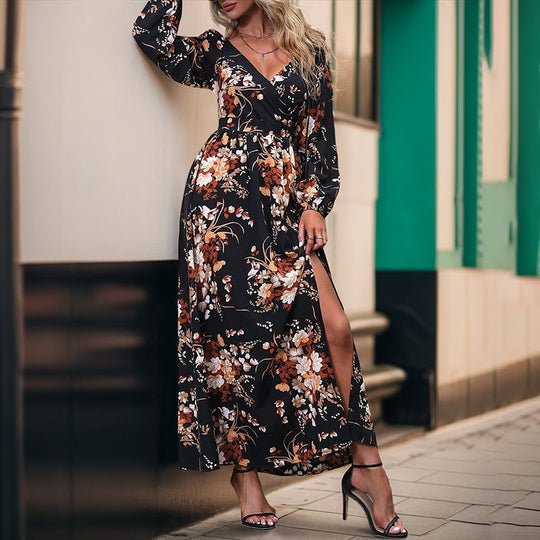 Damen Floral Maxikleid mit V-Ausschnitt und Rüschendetails Nord Taschen