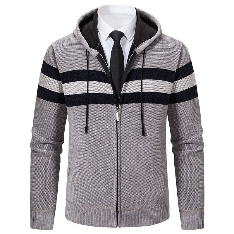 Herren Gestrickte Kapuzen-Strickjacke mit Kontraststreifen und Reißverschluss Nord Taschen